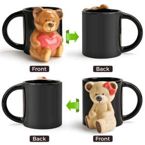 Set 2 Cani cuplu indragostiti, personalizate cu Ursuleti 3D, cadou original pentru el&ea, cafea/ceai, ceramica, negru, 350 ml - Img 6