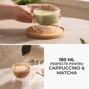 Set 2 pahare cappuccino Lagoa, perete dublu, sticlă borosilicată, suport bambus, 180 ml - Img 5