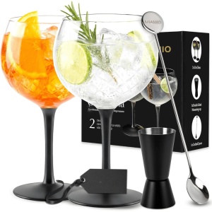 Set 2 Pahare de gin tonic, Crystaluna, cu picior negru elegant, sticla transparenta, 650ml, cupa de masurare si lingurita pentru cocktail incluse - Img 1