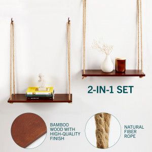 Set 2 Rafturi suspendate, HomeBuddy, polita dreptunghiulara 43 x 15 cm, etajera lemn bambus, sfoara fibra naturala, maro inchis, stil contemporan