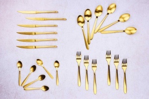 Set 24 Tacamuri inox KAJA, 6 persoane, 6 x Cutite, 6 x Linguri, 6 x Furculite, 6 x Lingurite, Otel inoxidabil, forme rotunjite, Auriu mat - Img 3
