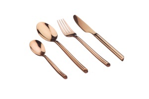 Set 24 Tacamuri inox KNUT, 6 persoane, 6 x Cutite, 6 x Linguri, 6 x Furculite, 6 x Lingurite, Otel inoxidabil, curbe asimetrice, Cupru lucios - Img 1