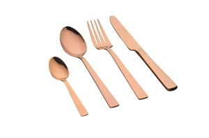 Set 24 Tacamuri inox TELMO, 6 persoane, 6 x Cutite, 6 x Linguri, 6 x Furculite, 6 x Lingurite, Otel inoxidabil, design clasic reinterpretat, Cupru lucios - Img 1