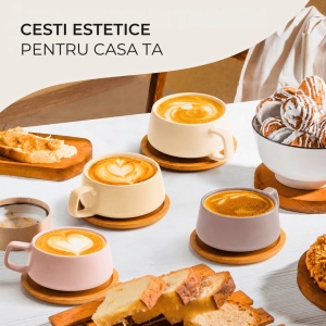 Set 4 Cesti de cappuccino cu farfurie din bambus, colectia Luxe, ceramica, Cream Rose, 320 ml - Img 3