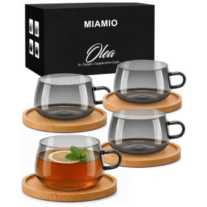 Set 4 Pahare de ceai cu farfurie din bambus, colectia Olea, sticla, gri transparent, 280 ml - Img 8