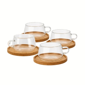 Set 4 Pahare de ceai cu farfurie din bambus, colectia Olea, sticla, transparent, 280 ml