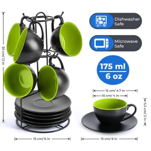 Set 6 Cesti de cappuccino cu farfurie, colectia Le Papillon, ceramica, verde, 175 ml - Img 2