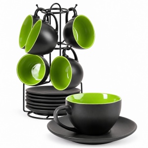 Set 6 Cesti de cappuccino cu farfurioara, Le Papillon Green, ceramica, 175 ml