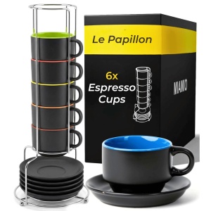 Set 6 Cesti de Espresso cu farfurie, colectia Le Papillon, ceramica, Multicolor, 75 ml