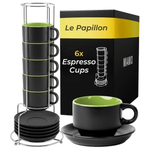 Set 6 Cesti de espresso cu farfurie, colectia Le Papillon, ceramica, verde, 75 ml