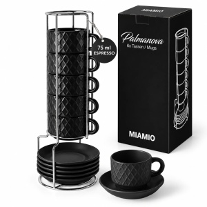 Set 6 Cesti de espresso cu farfurie, colectia Palmanova Black, ceramica, 75 ml