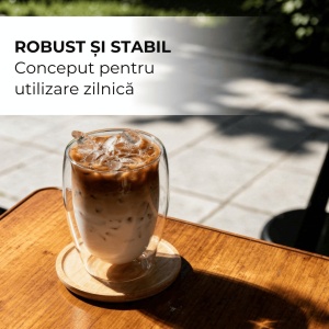 Set 6 Pahare Cappuccino Perete dublu, Sticla borosilicata, fara Toarta, cu Suport din Bambus, 350ml - Img 6