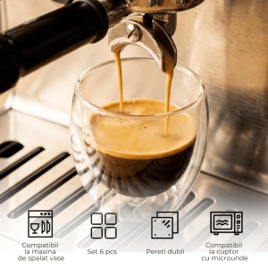 Set 6 Pahare Espresso Perete dublu, Sticla borosilicata, fara Toarta, cu Suport din Bambus, 100ml - Img 4