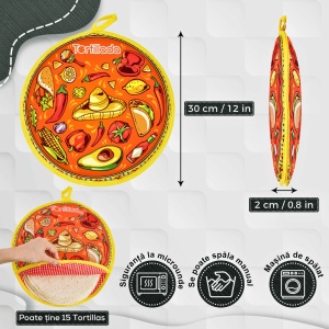 Cos servire tip husa termica pentru lipii Tortillas, bumbac, rotund, 30 cm, compatibila microunde - Img 2