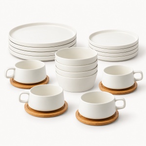 Serviciu de masa pentru 4 persoane, Set complet 16 piese Luxe, Cesti, Boluri, Farfurii intinse, ceramica, alb