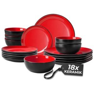 Serviciu de masa pentru 6 persoane, Set 18 piese Le Papillon, Boluri, Farfurii intinse, ceramica, rosu