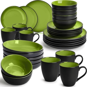 Serviciu de masa pentru 6 persoane, Set complet 30 piese Le Papillon, Cani, Boluri, Farfurii, ceramica, verde