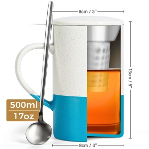 Set 2 Cani de ceai cu infuzor, cu capac si lingurita, 500ml, ceramica, albastru - Img 3