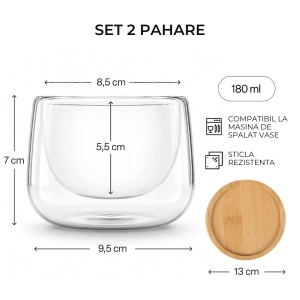 Set 2 pahare cappuccino Lagoa, perete dublu, sticlă borosilicată, suport bambus, 180 ml - Img 2