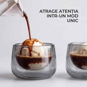 Set 2 pahare cappuccino Lagoa, perete dublu, sticlă gri, suport bambus, 180 ml - Img 6