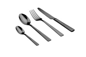Set 24 Tacamuri inox FINN, 6 persoane, 6 x Cutite, 6 x Linguri, 6 x Furculite, 6 x Lingurite, Otel inoxidabil, textura ciocanita, Negru lucios - Img 1