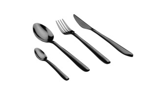 Set 24 Tacamuri inox OLAF, 6 persoane, 6 x Cutite, 6 x Linguri, 6 x Furculite, 6 x Lingurite, Otel inoxidabil, design rafinat, Negru lucios - Img 1
