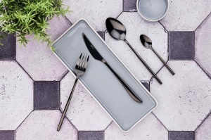 Set 24 Tacamuri inox OLAF, 6 persoane, 6 x Cutite, 6 x Linguri, 6 x Furculite, 6 x Lingurite, Otel inoxidabil, design rafinat, Negru lucios - Img 2