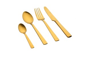Set 24 Tacamuri inox TELMO, 6 persoane, 6 x Cutite, 6 x Linguri, 6 x Furculite, 6 x Lingurite, Otel inoxidabil, design clasic reinterpretat, Auriu mat - Img 1