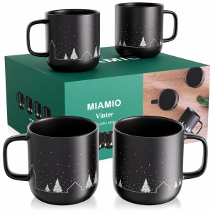 Set 4 cani de Craciun MIAMIO Vinter, ceramica, 500 ml, negru cu decor de iarna