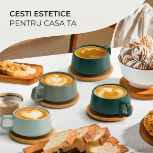 Set 4 Cesti de cappuccino cu farfurie din bambus, colectia Luxe, ceramica, Evergreen, 320 ml - Img 3
