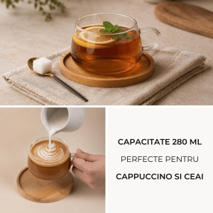 Set 4 Pahare de ceai cu farfurie din bambus, colectia Olea, sticla, transparent, 280 ml - Img 5