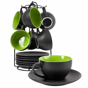Set 6 Cesti de cappuccino cu farfurioara, Le Papillon Green, ceramica, 175 ml