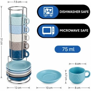 Set 6 Cesti de espresso cu farfurie, colectia Palmanova Ocean multicolor, ceramica, 75 ml - Img 2