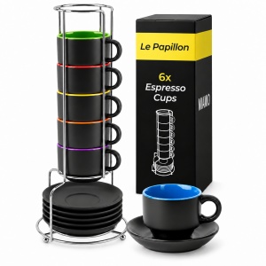 Set 6 Cesti espresso 75 ml cu farfurioare si suport, MIAMIO Le Papillon, multicolor