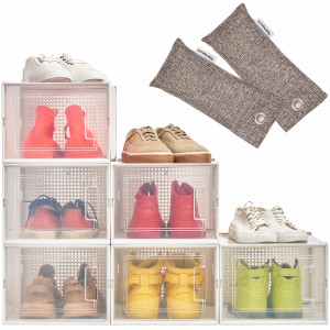 Set 6 cutii organizatoare pantofi, HomeBuddy, modulare, depozitare incaltaminte, marimea 48, gauri de aerisire, plastic dur, transparent, 2 saculeti din carbune activ de bambus inclus