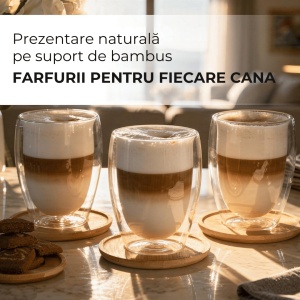 Set 6 Pahare Cappuccino Perete dublu, Sticla borosilicata, fara Toarta, cu Suport din Bambus, 350ml - Img 3