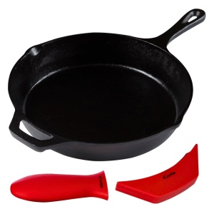 Tigaie din fonta 30 cm, Crucible Cookware, suporturi silicon termorezistent incluse