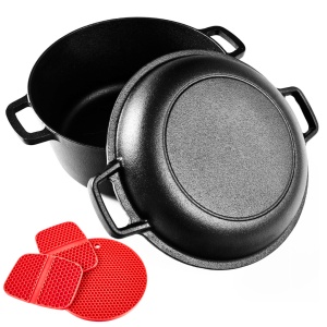 Ceaun din fonta cu capac 2in1, Uno Casa, tip cuptor olandez, oala 4.7L, tigaie 1.5L, pre-asezonat, suporturi din silicon termorezistent incluse - Img 1