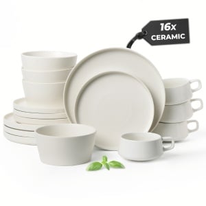 Serviciu de masă Luxe MIAMIO, 16 piese pentru 4 persoane – Farfurii, Boluri și Cești cappuccino, ceramică albă - Img 1
