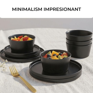 Serviciu de masa pentru 4 persoane, Set 12 piese Luxe, Boluri, Farfurii intinse, ceramica, negru - Img 3
