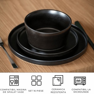 Serviciu de masa pentru 4 persoane, Set complet 16 piese Luxe, Cesti, Boluri, Farfurii intinse, ceramica, negru - Img 5