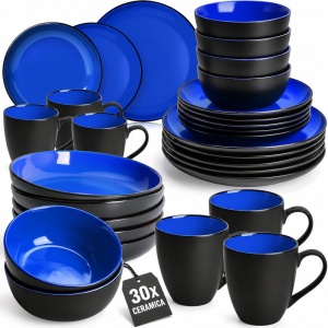 Serviciu de masa pentru 6 persoane, Set complet 30 piese Le Papillon, Cani, Boluri, Farfurii, ceramica, albastru