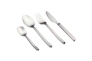 Set 24 Tacamuri inox KNUT, 6 persoane, 6 x Cutite, 6 x Linguri, 6 x Furculite, 6 x Lingurite, Otel inoxidabil, curbe asimetrice, Argintiu mat - Img 1