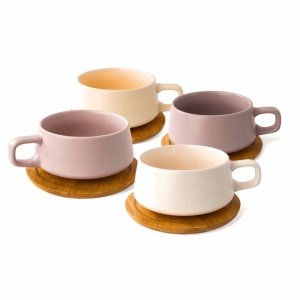 Set 4 Cesti de cappuccino cu farfurie din bambus, colectia Luxe, ceramica, Cream Rose, 320 ml