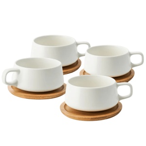 Set 4 Cesti de cappuccino cu farfurie din bambus, colectia Luxe, ceramica, alb, 320 ml
