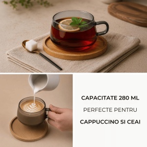 Set 4 Pahare de ceai cu farfurie din bambus, colectia Olea, sticla, gri transparent, 280 ml - Img 5