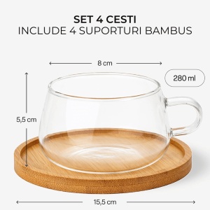 Set 4 Pahare de ceai cu farfurie din bambus, colectia Olea, sticla, transparent, 280 ml - Img 2