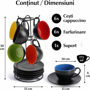 Set 6 Cesti de cappuccino cu farfurioara, Le Papillon Multicolor, ceramica, 175 ml - Img 2