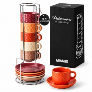 Set 6 Cesti de espresso cu farfurie, colectia Palmanova Magma multicolor, ceramica, 75 ml