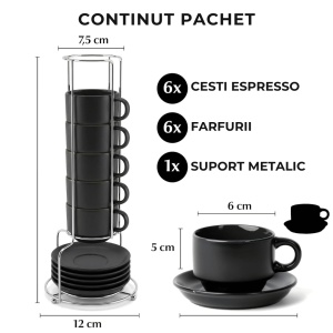 Set 6 Cesti espresso 75 ml cu farfurioare si suport, MIAMIO Le Papillon, negru - Img 2